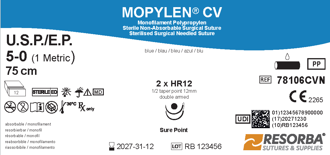 Мопілен CV USP 5-0 синій, довж. 75см, дві колючі голки Sure Point 12мм, 1/2 кола